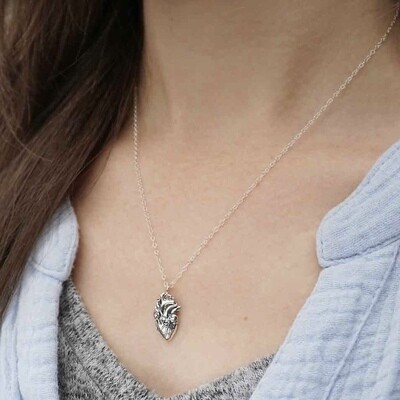 Silver Anatomical Heart Necklace, 18"