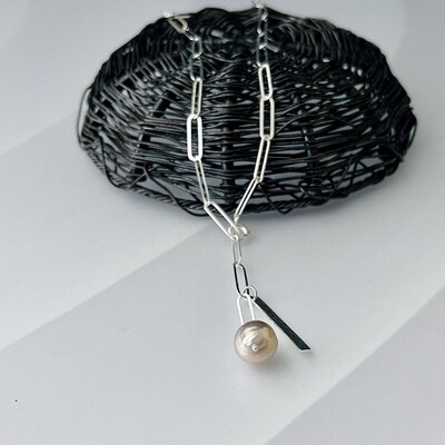 Wren Long Link Y-Necklace with Natural Pearl, SS