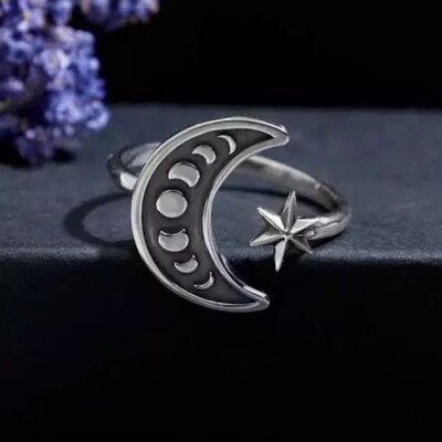 Silver Moon Phase Ring, adjustable