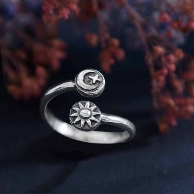 Silver Moon, Star, Sun Ring, adjustable