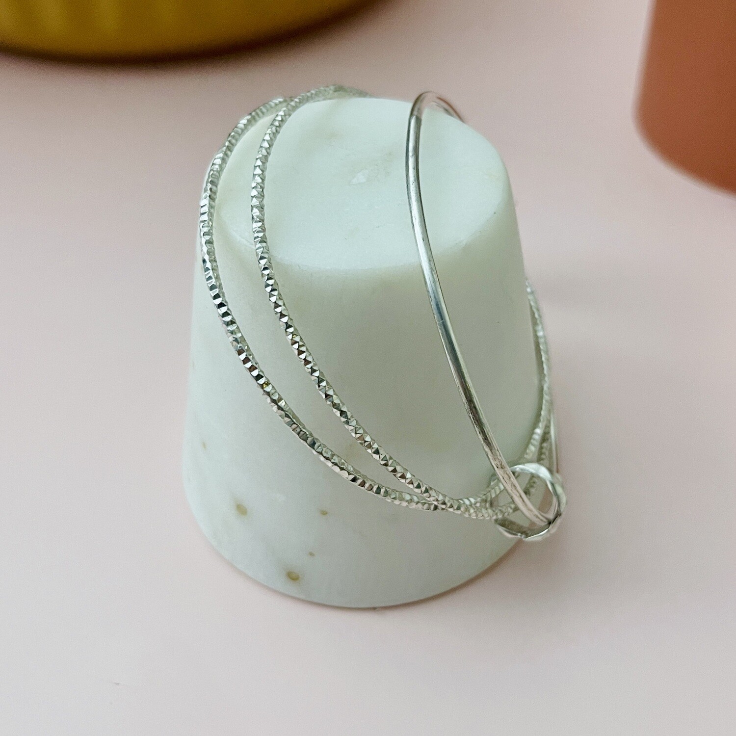 Set of 3 Handmade Sterling Silver Bangles connected with a textured ring