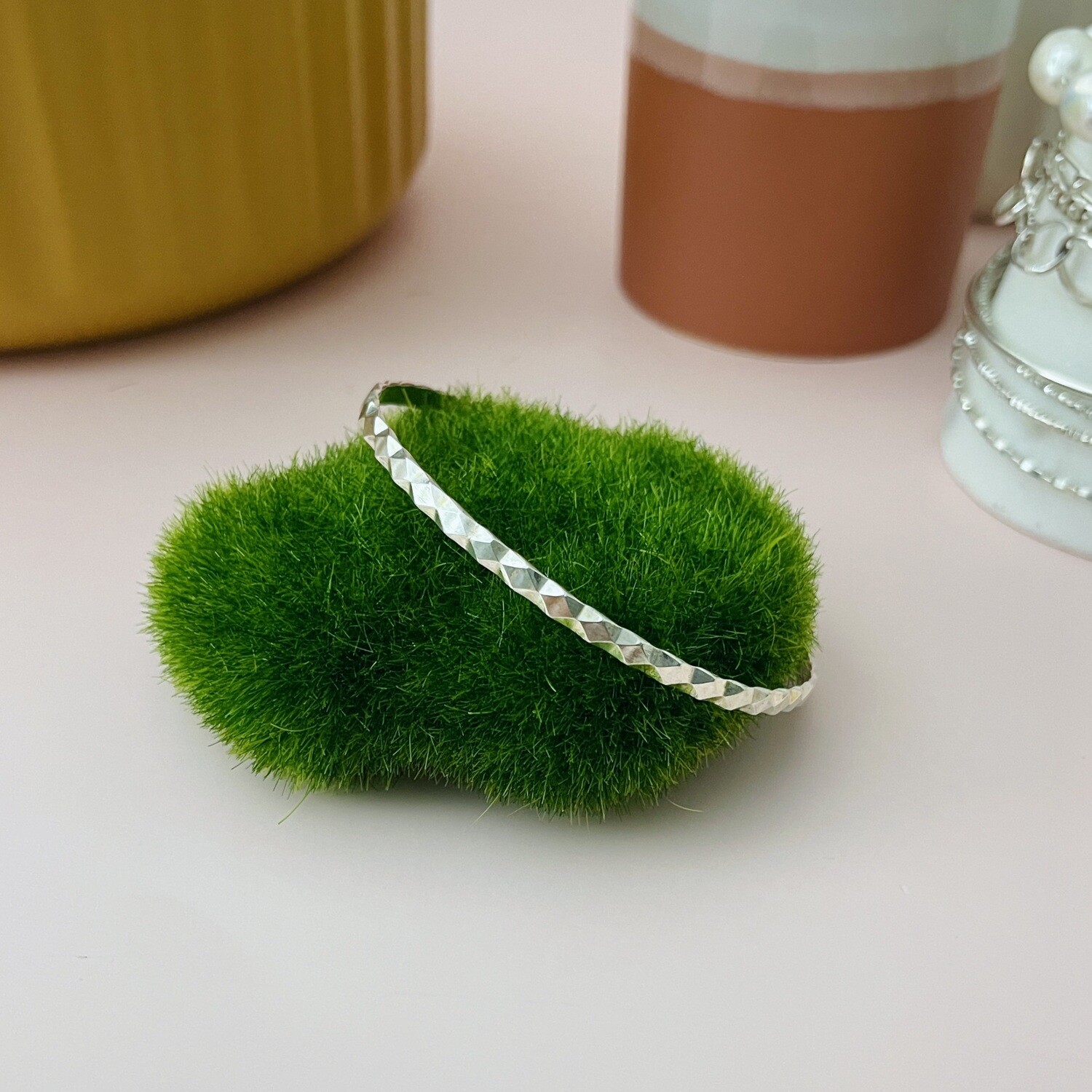 Handmade Wide Faceted Silver Bangle Bracelet