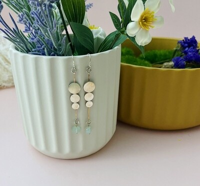 Handmade Silver Earrings with square brass wire, 3 graduated circles, peruvian chalcedony coin 3"