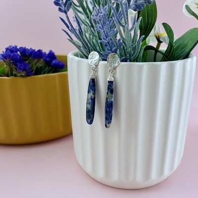 Handmade Silver Earrings with recycled silver pebbles post, long sodalite briolette
