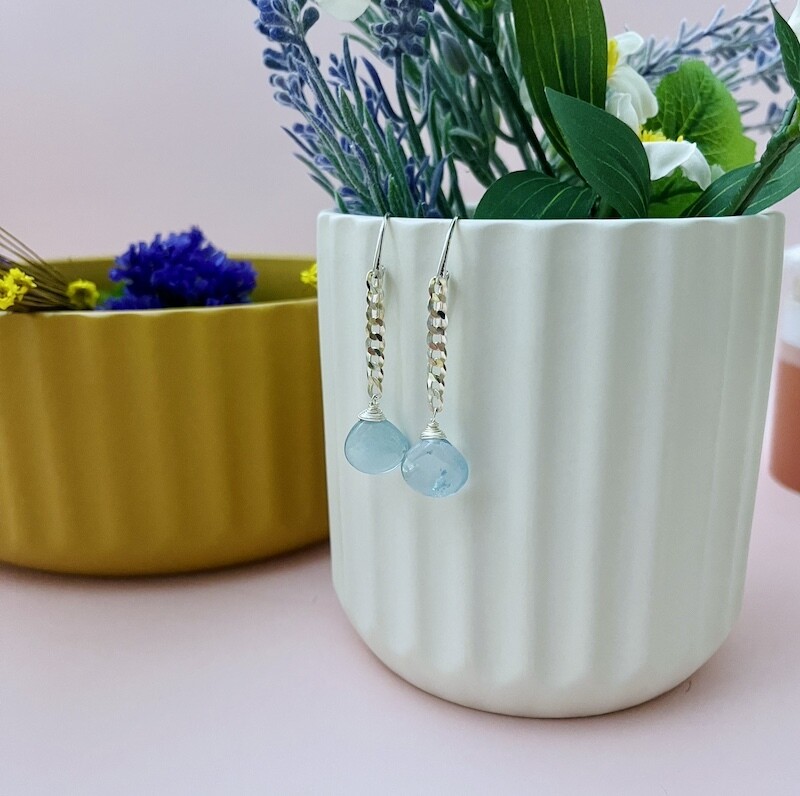 Handmade Silver Earrings with leverback, sky blue topaz blue topaz briolette, curb chain