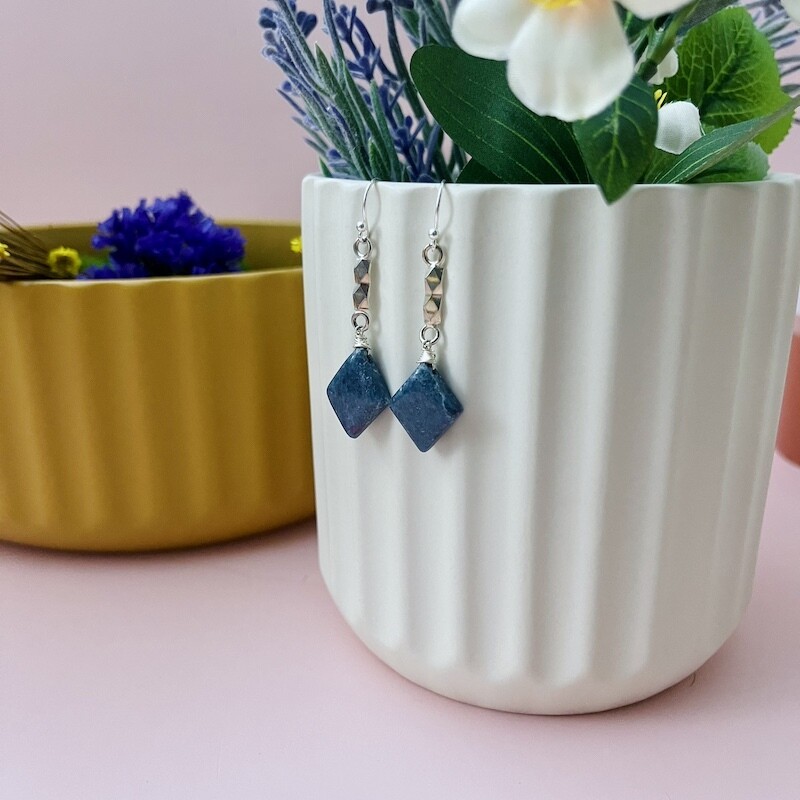 Handmade Silver Earrings with textured bar, ruby kyanite