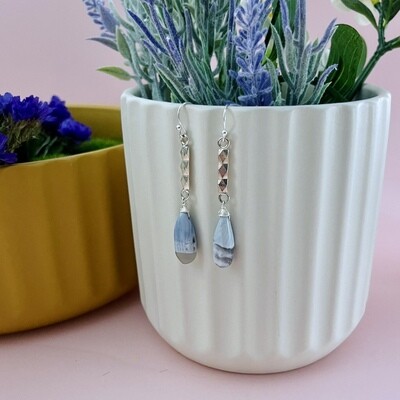 Handmade Silver Earrings with textured bar, blue opal briolette