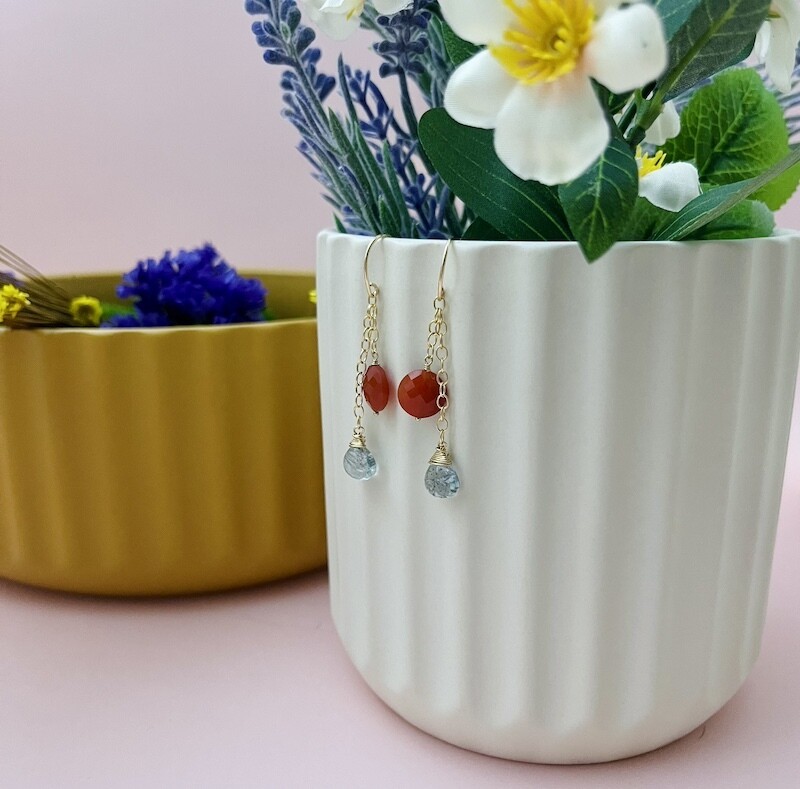 Handmade Silver Earrings with 14 k g.f. earwire, carnelian coin, aquamarine
