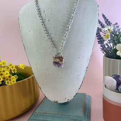 Handmade Silver Necklace with prong set amethyst, champagne pearls knotted on pink silk