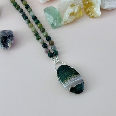 Hand-Knotted Necklace with prong set ocean jasper and jasper spheres on green silk