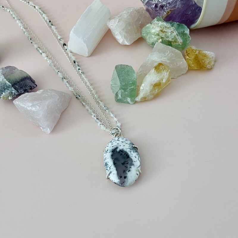 Handmade Double Strand Necklace with prong set Dendritic Opal