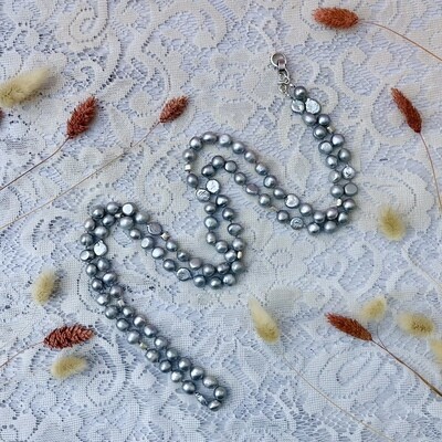 Handmade Long Silver Pearl Necklace, 56"