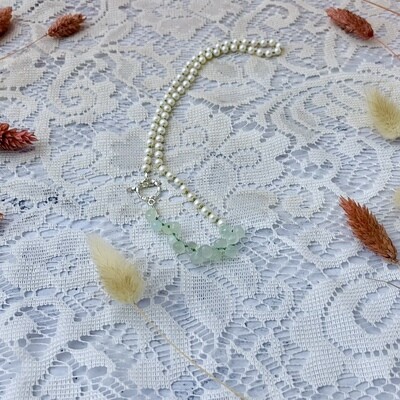 Hand-knotted White Pearl and Green Chalcedony Necklace