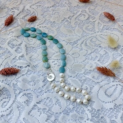 Handmade Amazonite and White Pearl Necklace