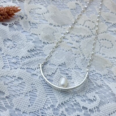 Handmade Silver Necklace with single white pearl mounted on hammered bar