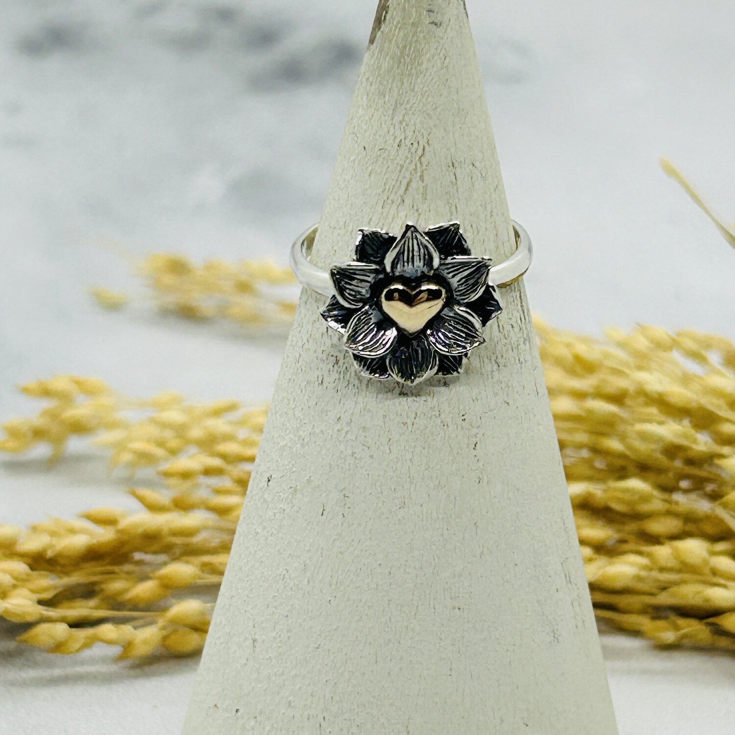 Silver Lotus Ring with Bronze Heart, Size: 5