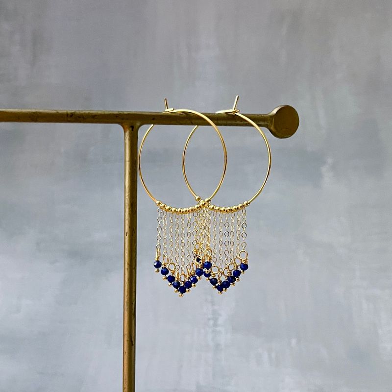 Lapis Boho Fringe Hoops, GF