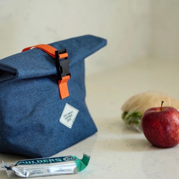 Roll-Top Lunch Bag, Denim Blue with Orange Strap