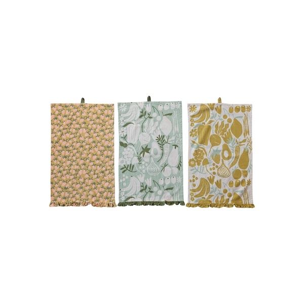Cotton Printed Tea Towel w/ Fruit/Vegetables, Ruffle &amp; Loop, 3 Styles