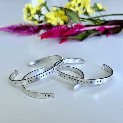 It Is Love That Frees Us All - Handstamped Silver Cuff Bracelet with Amanda Gorman Quote