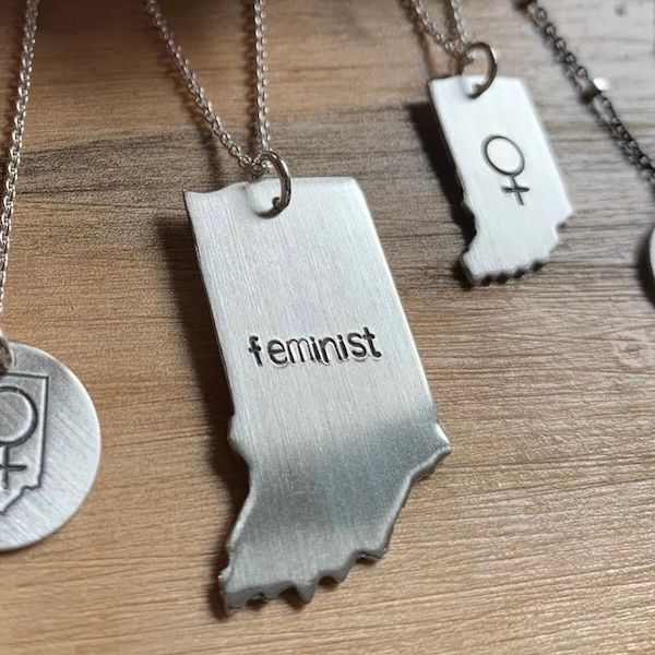 Handstamped Feminist Indiana Charm Necklace
