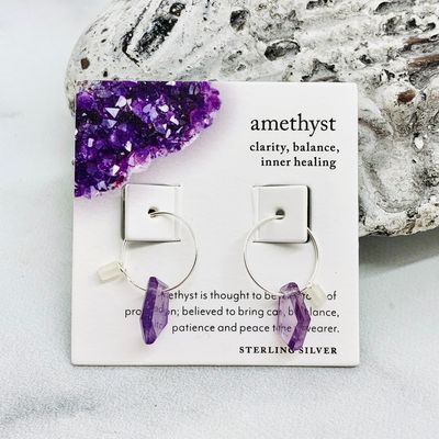 Geometrical Mini Hoop Earring, Stone: Amethyst