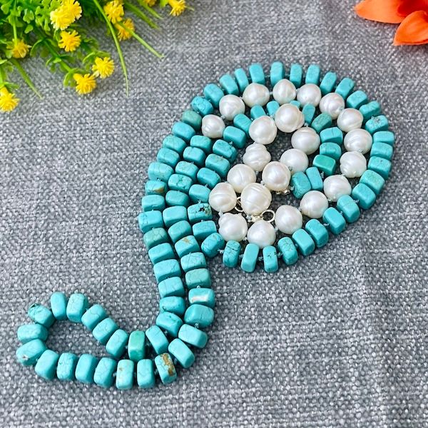 Handmade Necklace with knotted square turquoise and white pearl on turquoise silk