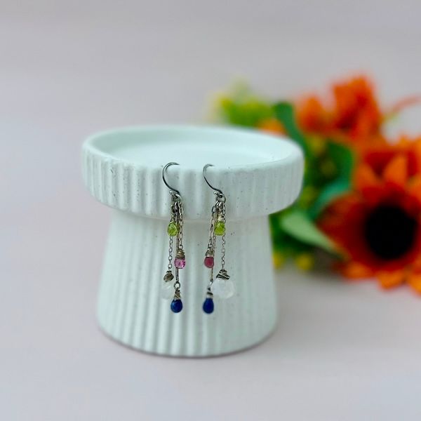 Handmade Silver Earrings with textured bar, lapis briolette, rainbow moonstone briolette, pink tourmaline briolette, peridot briolette