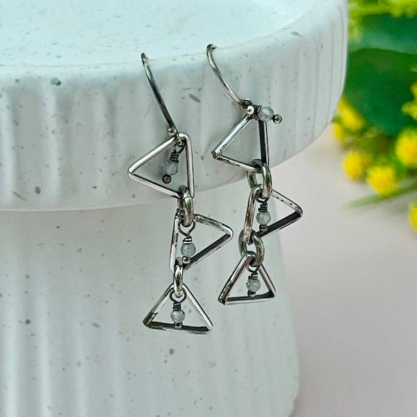 Handmade Silver Earrings with 3 triangles, green sapphires