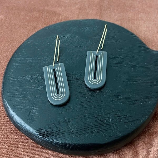 Ulla Modern U shape Wood Earrings, Color: Matte Grey + Gold