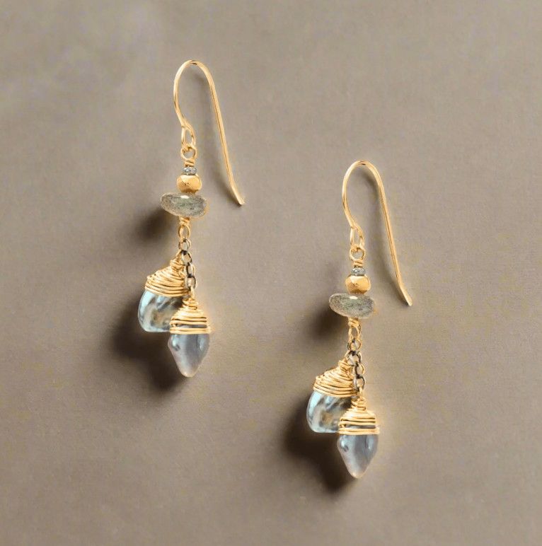 Handmade 14kt GF Wrapped Peacock Keishi Pearl and Labradorite Earrings