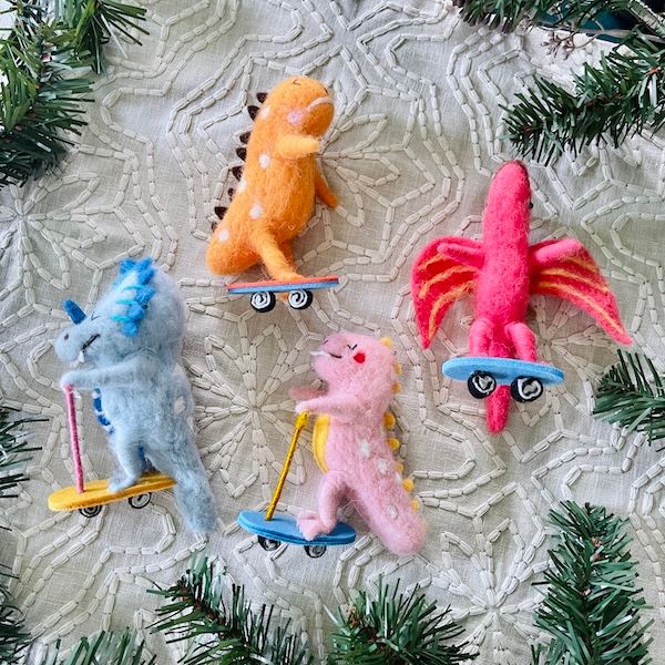 Wool Felt Dinosaur on Skateboard/Scooter Ornament