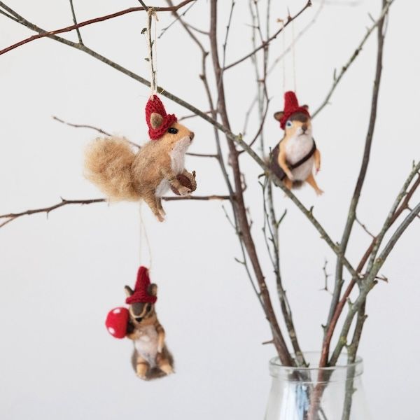 Wool Felt Squirrel in Hat Ornament