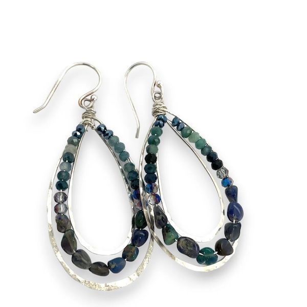 Handmade  Moody Blues Opal Channel Hoop Earrings