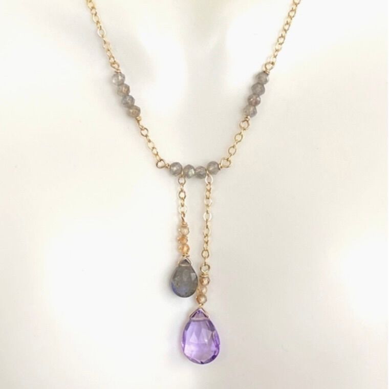 Pink amethyst, labradorite, &amp; sunstone asymmetrical necklace