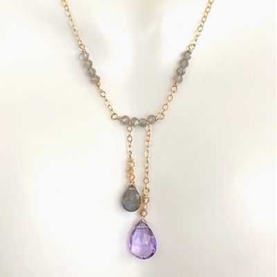 Pink amethyst, labradorite, &amp; sunstone asymmetrical necklace