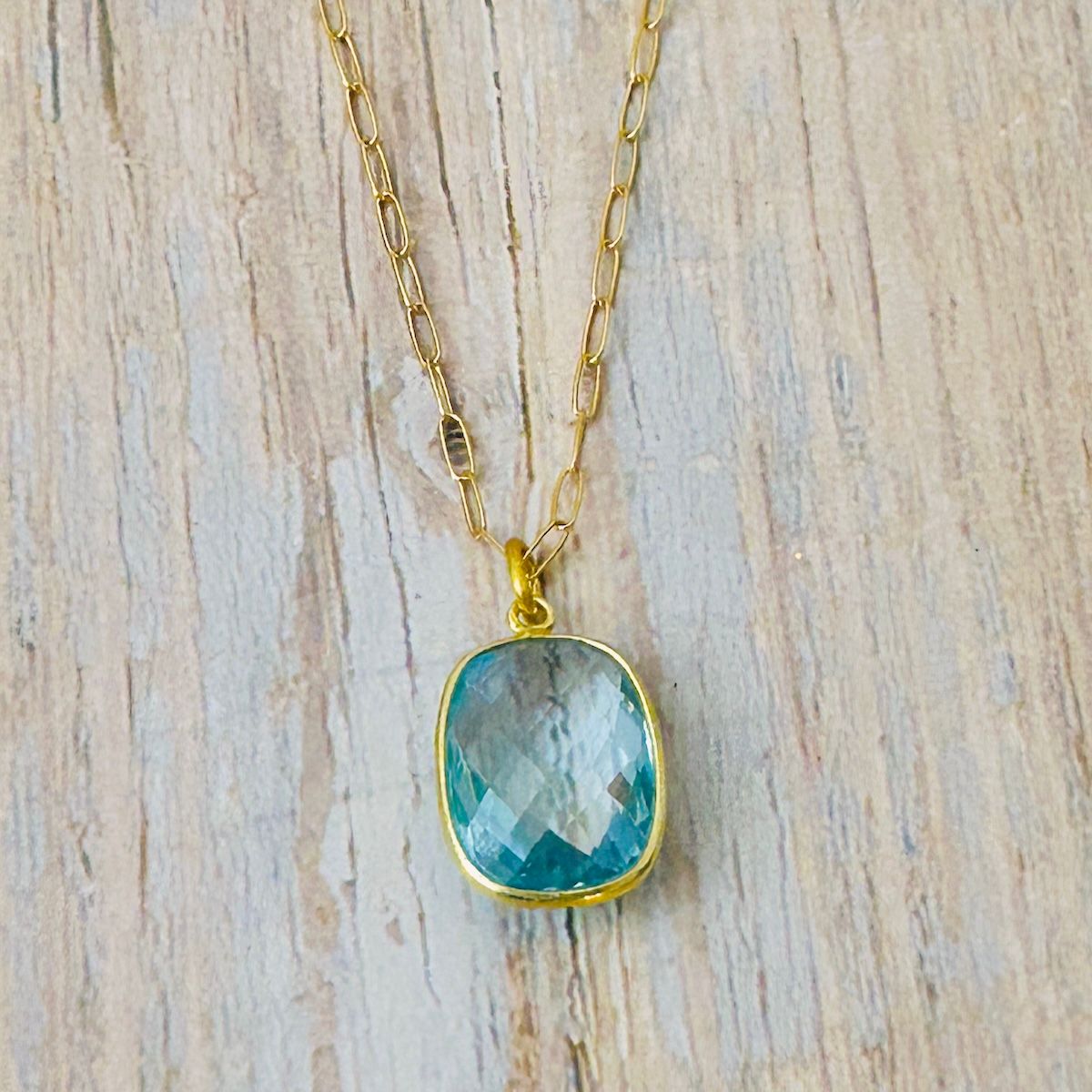 Large Swiss Blue Topaz Necklace, Gold Vermeil, 16&quot; w/ 2&quot; Extender