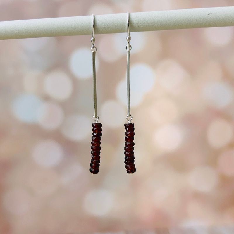 Garnet on Silver Bar Earrings