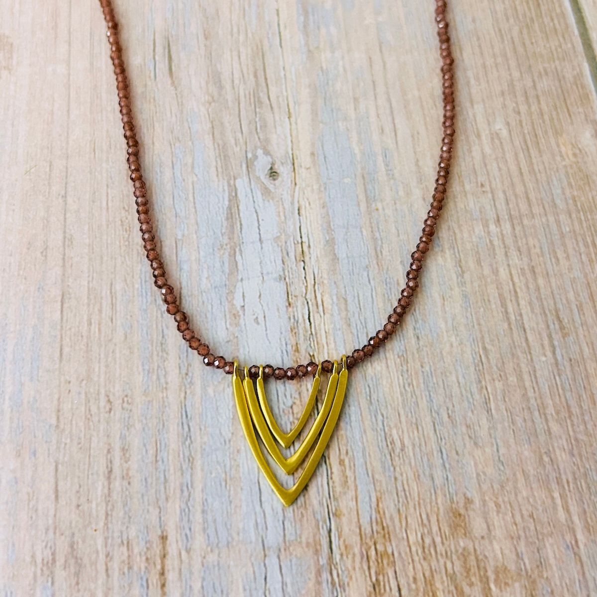Triple V On Garnet Necklace, Gold Vermeil