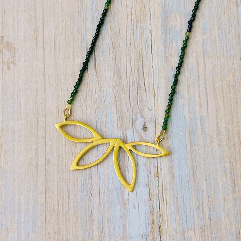 Four Open Leaves in Vermeil on Chrome Diopside Necklace