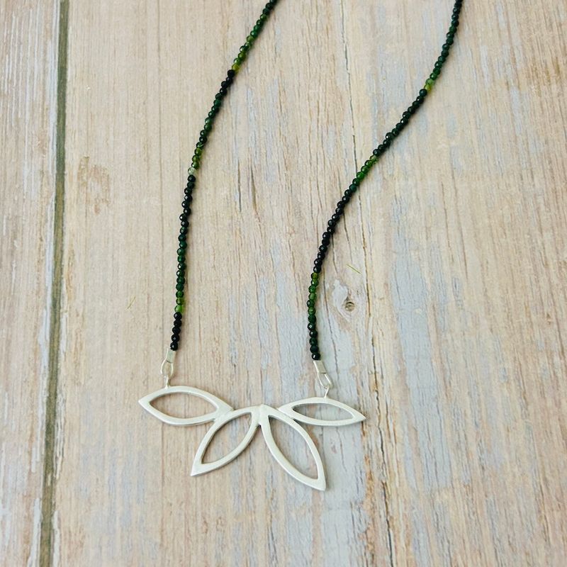 Four Open Leaves in Silver On Chrome Diopside Necklace