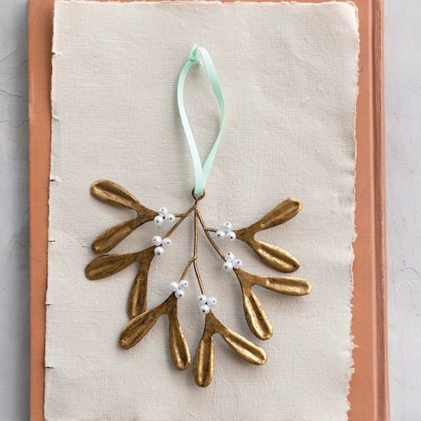 Metal Mistletoe Ornament w/ Glass Beads, Antique Gold Finish