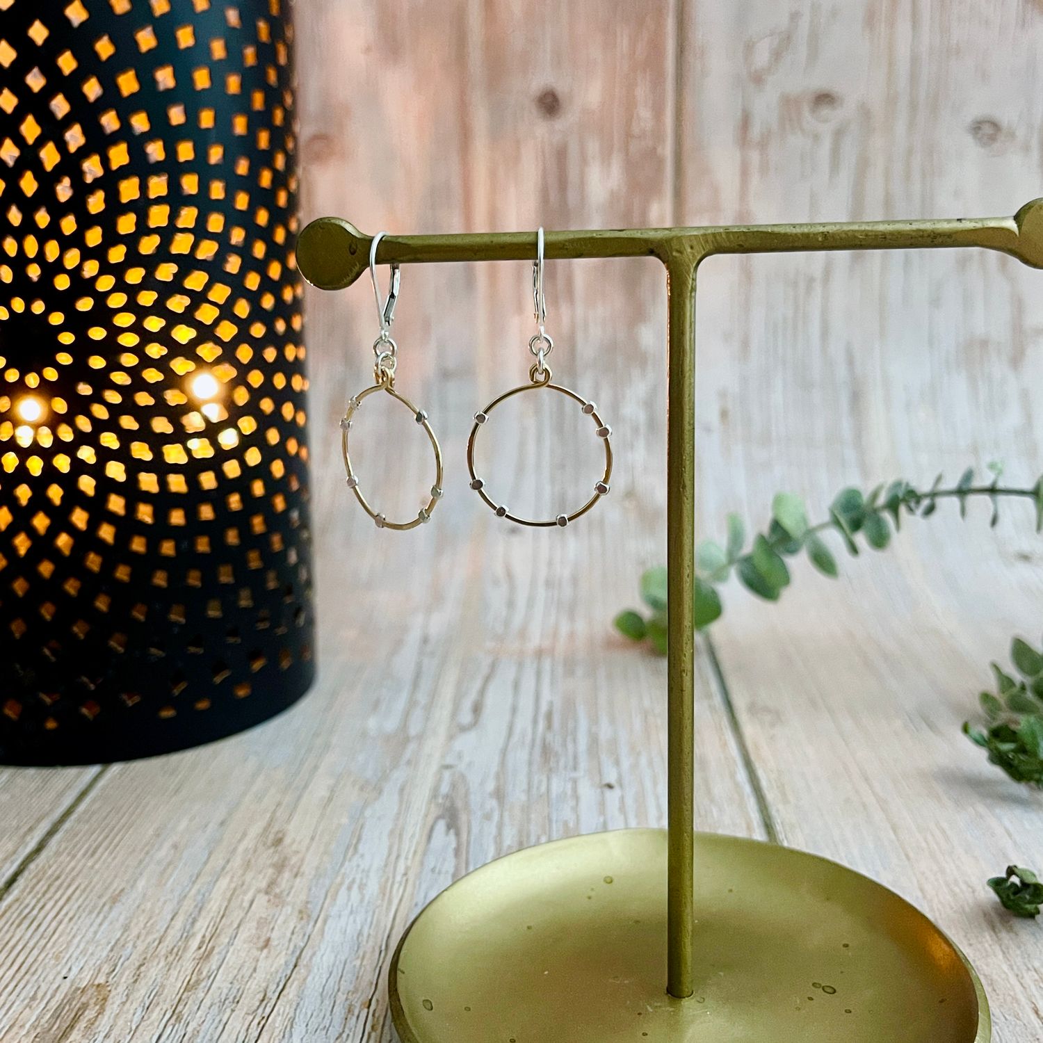 Cosmos Hammered Gold Circle with Silver Earrings, Size: Mini - 1&quot;