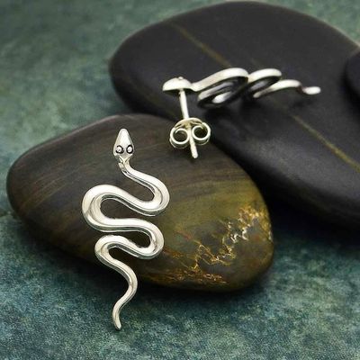 Silver Large Snake Post Earrings, 28x12mm