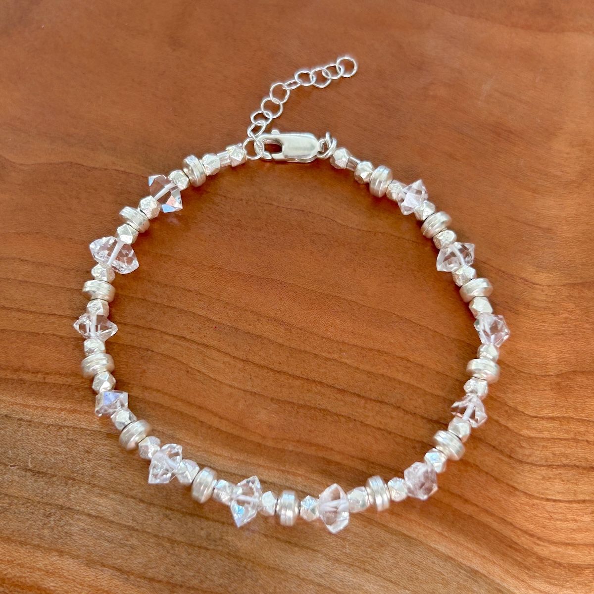 Handmade Bracelet with herkimer diamonds, faceted Thai silver, saucers