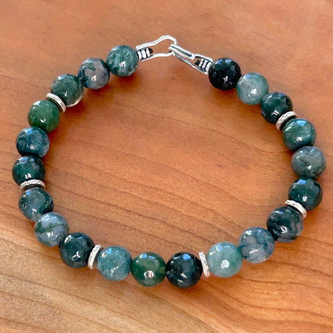 Handmade Bracelet with moss agate on leather, thai silver discs