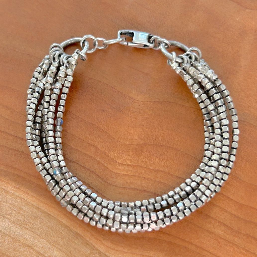 Handmade Bracelet with 8 strands lightly oxidized tiny silver squares, labradorite