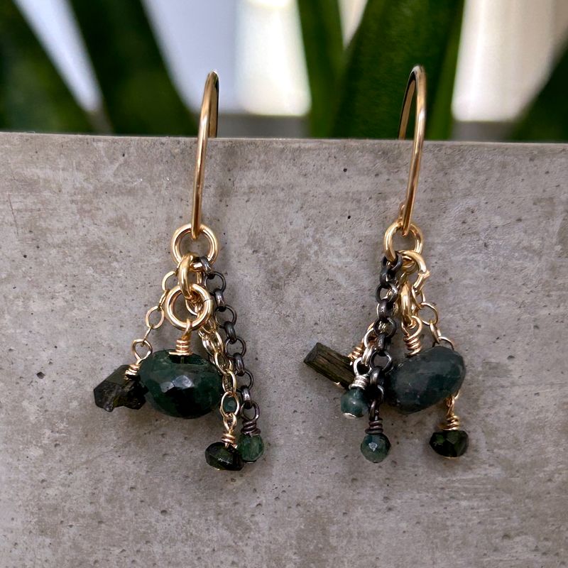 Handmade Earrings with 14 k g.f., emerald, tourmaline, shiny, oxidized, 14 k g.f. chains