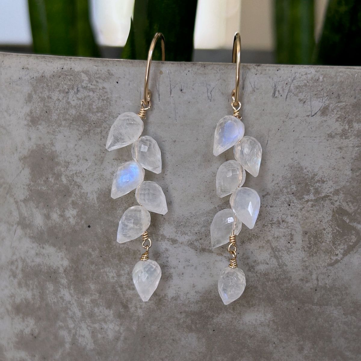 Handmade Earrings with 5 rainbow moonstone, 1 rainbow moonstone dangle, 14 k gf