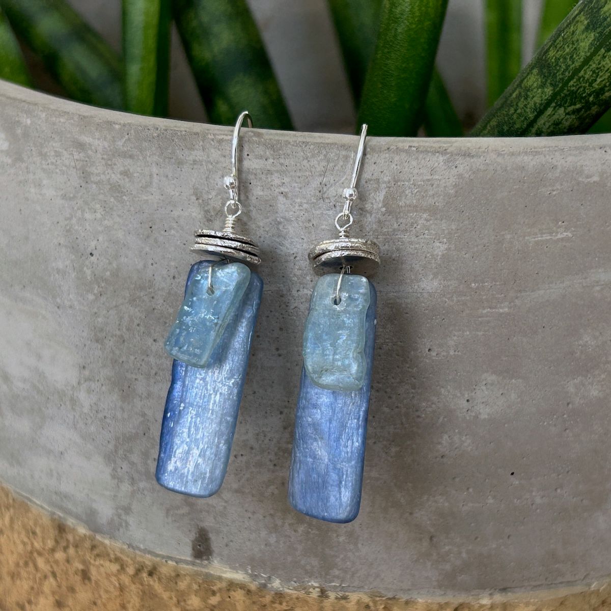 Handmade Earrings with green and blue kyanite slices, stacked recycyled discs